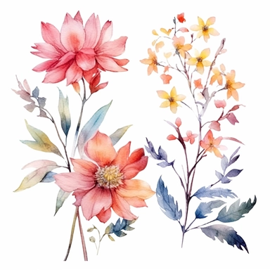 watercolor summer flower group for corner of invitation, clipart isolated on clear white background, soft colors, boho, lithograph, 32k uhd, textural