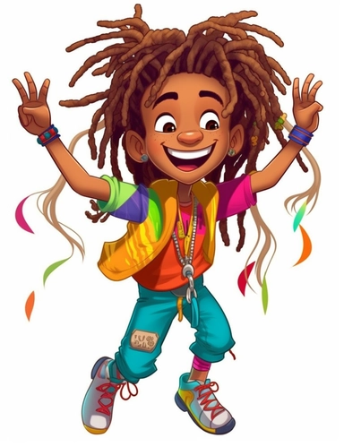 cute cool happy black boy with wild colorful dreadlocks, jumping, chibi style, jewelry, hip hop clothing, hands in pocket, clipart, whole body, white background,
