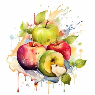 An endearing watercolor Apple clipart of Apple playing with elements juice