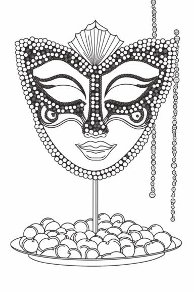an outlined cute Mardi Gras mask on a stand surrounded by beads and coins, Coloring Book, white background, black and white, [clip art]