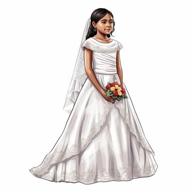 young mexican girl in first communion gown. cartoon art. vector. high contrast. clip art. fully length body portrait. white background. watercolor