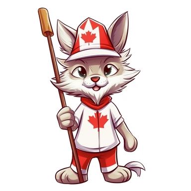 clipart of cute cartoonish lynx, wearing a hat with flag of Canada and holding flag of Canada in hand, 2d, white background
