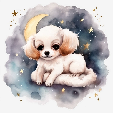 watercolor Puppy, big eyes, cute, sleeping and hugging a pillow. and sleep on the crescent moon Surrounded by twinkling stars, sweet dreams vividly bold designs png realistic cartoon in 32K UHD cute. 15 cm thick outline. There was no shadow on the ground. 8k with realistic watercolors. and detailed illustrations. PNG clipart , transparent white background