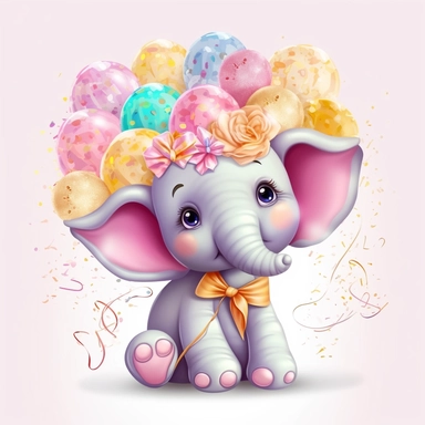 a detailed very colorful vector Clipart image sticker of a beautiful majestic magical floral smilling baby elephant and pastel pink balloons colors holding balloons with a white background, pastel light colors, fall colours, gold ropes, photorealistic, cinematic, Cinematic, Color Grading, Editorial Photography, Photography, Photoshoot, Shot on 70mm, Ultra-Wide Angle, Depth of Field, DOF, Tilt Blur, Shutter Speed 1/1000, F/22, Gamma, White Balance, Neon, Light, Dark, Light Mode, Dark Mode, High C