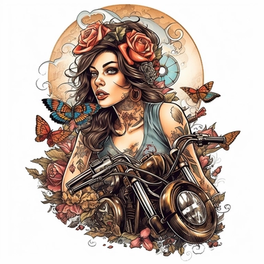 heavily tatted biker chick pixie fairy Harley davidson theme tattoo clip art