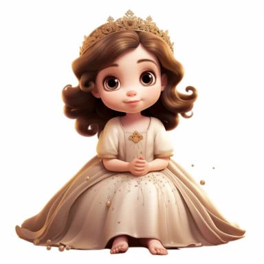 pixar style little princess clipart, brown tone colors, big eyes, smiling, lovely, adorable, full body, on white background