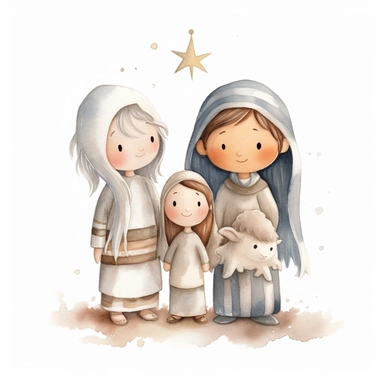 A watercolor painting of a cute nativity with Mary and Joseph, Christmas, cute detailed digital art, inspired by nicoletta ceccoli, by Kubisi art, whimsical and cute, by nicoletta ceccoli, cute detailed artwork, glimmering, adorable and whimsical, whimsical art, Clipart style, png style, svg style, blank white background, a solid white background