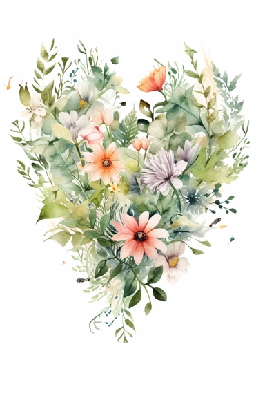 Create a watercolor clipart picture of beautiful wildflowers wreathed in a heart shape. The delicate petals and lush greenery forming the heart outline. Use soft, green and white colors. Let the white background enhance the purity and elegance of the composition.
