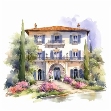 Watercolor drawing beautiful rich italian villa, wedding venue in flowers, very detailded,watercolor clipart, white background, isolated on white, 8k, watercolor style