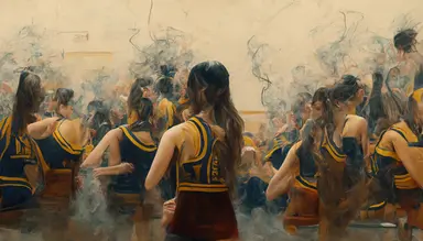 cheerleaders dance in a high school's gym full of smoke while an Albanian guy plays the cello. Inspired by Nirvana's video clip. like in a Pierre klossowski painting. 4k