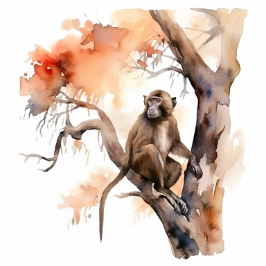 watercolor clipart of a baboon on a tree, 8k