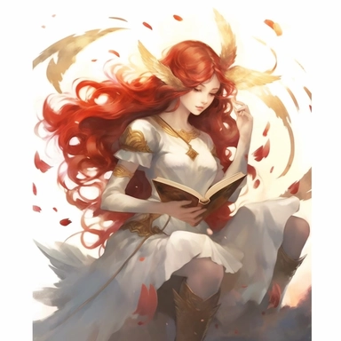 a girl reading a book with red flowing hair, delicate shades of red orange and gold, watercolor clipart, white backound, no backound, glowing,Takehisa Yumeji