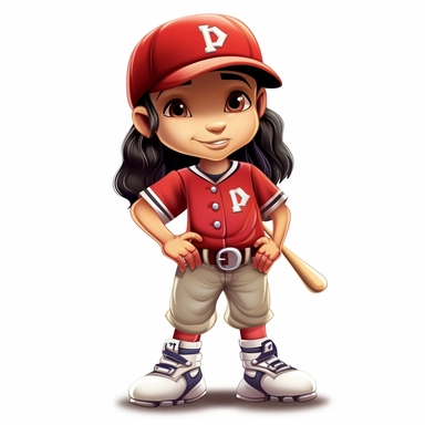 cartoon clipart funny style of an american girl dressed in baseball gear, no bat or ball.
