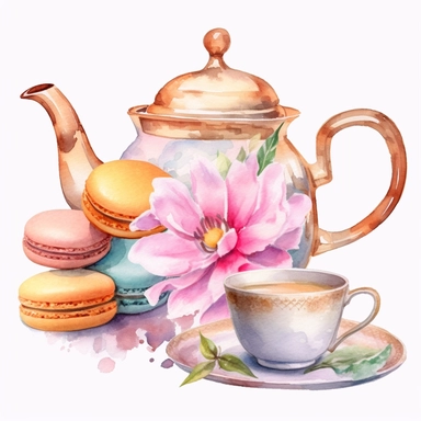 Clipart of set of teapot and cup set in the style of light gold and pink ,decorate with flower serving flowering tea, with a plate of macarons, Watercolor, pastels, clipart, beautiful, colourfull, png transparent white background, high resolution, watercolour, 8k, hyper-realistic, isolated on a white background. q4 s2.