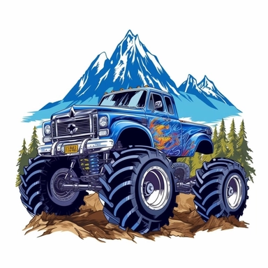 blue thunder monster truck clipart with mountain and nature background, white background, digital illusion, vector art, high resolution, photo realistic