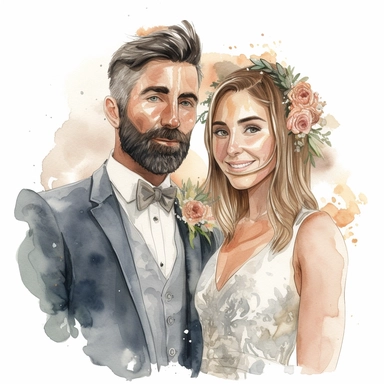 Watercolour of a bride and groom , Clipart,Cartoon,hyper realistic, intricate detail, illustration style,high resolution, isolated on a white background