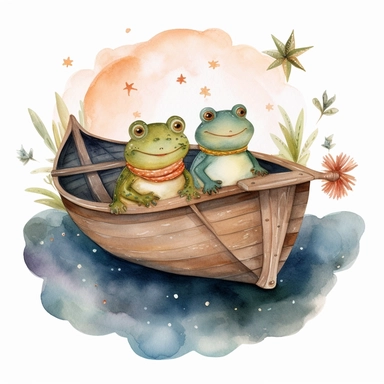 cute Cottagecore frog and toad in a boat on a pond with celestial accents, Clipart, watercolor, white background with margins