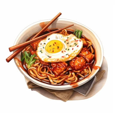 a delightful watercolor, hyper-realistic clipart image with a white background and white margins, showcasing a plate of Korea Jajangmyeon. The ultra-detailed, hand-drawn elements capture . Use whimsical touches to add a sense of freshness, and bold shades of yellow and brown to evoke the comforting and satisfying nature of this classic fast food dish