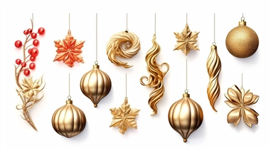 3d render, set of traditional Christmas ornaments and decorations. Winter holiday clip art isolated on white background. Collection of festive arrangements
