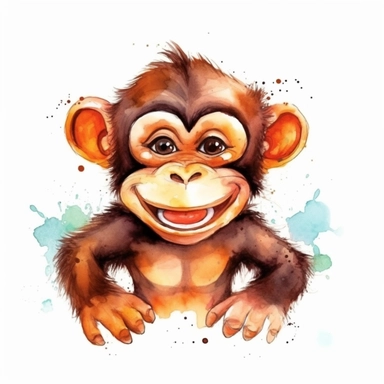 cartoon funny happy monkey illustration clipart, detailed, black outline, white background, 4k, watercolor, digital art
