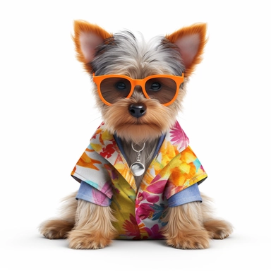 A cute and adorable Yorkshire Terrier puppy dressed in vibrant spring clothes and sporty sunglasses is pictured in this image. The level of detail is insane, with every hair and fold in the fabric meticulously rendered to perfection. The puppy stands out against an all-white clipart background, making him the center of attention. The image is so realistic, you can almost feel the soft fur and hear the pup's playful barks. Cinematic lighting enhances the overall beauty of the image, making it a t