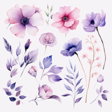 watercolor flower elements, clipart, Pink colors light and pastel, with Focus on pinks, blues and purples, flower petals, leaf elements, blossom elements, white background, 8k, high resolution