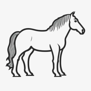 Simple outline of a Horse, kids cartoon, minimalist, black on white, lineart, 2d flat file, silhouette, clipart, uninterrupted outline as in an svg, perfect outline corners, make it an outline svg and fill color white, exact outline, the line should not be thickened, the line should not be thicker or thinner, the outline of the line should be thin, maximum 1 millimetre.
