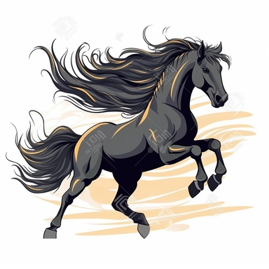 Clip Art, 2d, Flat Vector, BLACK ARABIAN Breed Horse With WHITE Extremely long thick Mane LOGO on White Background, NO TEXT, NO WATERMARK,