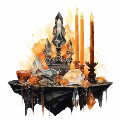 A beautifully painted faceted crystal on a witch's altar with candles and incense, hues of captivating orange, yellow and black, stunningly beautiful, refined and sophisticated, Hand drawn, Roberto Ferri, Clipart, watercolor, white background, intricate detail
