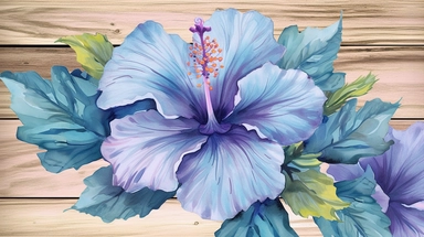 blue hibiscus iridescent watercolor clipart on wooden background:.1 iridescent watercolor painting