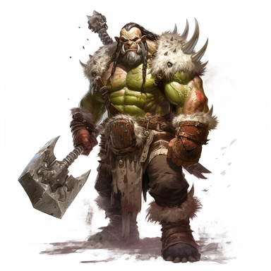 beautiful painted Thrall from World of Warcraft, war chief, full body , holding his orgrim doomhammer, paint art style, detail, clipart, white background, superrealistic, one of a kind