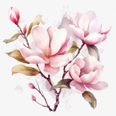watercolor clipart of magnolia tree with the pink magnolia flowers, in the style of magali villeneuve, light white and light beige, large-scale murals, porcelain, naturecore, edna reindel, decorative borders