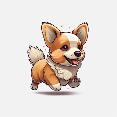 isometric clipart, baby corgi dog running, extremely cute, fluffy, big ears, line drawing, white background, ins style,