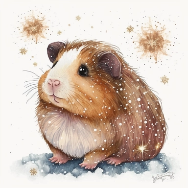 happy winter guinea pig at Christmas time, cartoon, glitter, stars, snowflakes, watercolor, white background, clipart