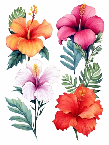 watercolor clipart set with white background, cute hibiscus, plumeria, bougainvillea, and protea flowers, adorable, flat design, clearly defined with separated images, high quality