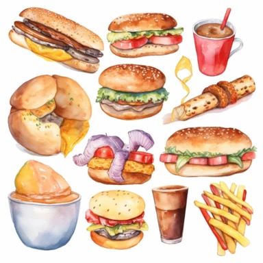 fast food, watercolor, clipart set, pizza, donut, hot dog, hamburger, cheeseburger, ice cream, popcorn, pretzel, isolated on white background