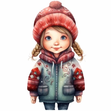 a happy little cute girl in a five-year-old, knitted jacket,, style by Lusy Fleming, folk art, watercolor, clipart elements, smooth gradients, black contour outline, ultra detailed, white background, super clear, high quality
