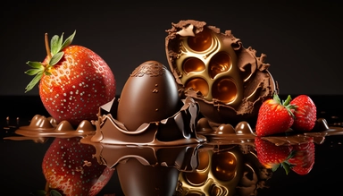 easter eggs gently sink into liquid chocolate, strawberry, chocolate bar, chocolate eggs, photo clipart, background, delicious, studio photo light, lots of intricate details, harmonious composition, volumetric lighting, professional food photographer luxury, photo lighting + f2. 8 80mm lens, lots of intricate details, canon, sharp focus, ureal photo realism, hyper-realism