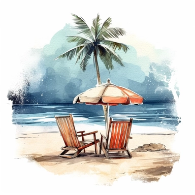 beach chair on the beach, next to beach umbrella, leaning coconut trees, beautiful beach background, watercolor styles, high quality, solated on Sublimation Clipart,hyper realistic, intricate detail, illustration style,high solution,on the white background