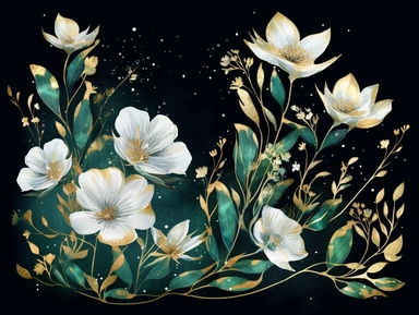 deep emerald gold watercolor Ermine with flowers plants clipart, golden metallic lines and some glitter, shining colors, dark background, 8k, high resolution