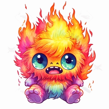 whimsical kawaii chibi fluffy colorful fire monster with big eyes, big teeth and demon tail, cartoon clipart on white background with margins, Psychedelic, watercolor, icon, sticker, vivid colors, full colors, and details, 32k, 3d