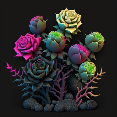 a very thorny dozen roses clipart in slyle of cute goth clay cartoon, sharp 3d art illustration, warm multicolor bioluminescent, simple, black background, 8k