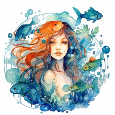 watercolor elf mermaid pretty woman with long hair surrounded by water and fish in the style of magical realism, water bubbles, seaweed, high detailed clipart illustration, white background, underwater lighting, colorful pallete