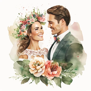 happy couple bride and groom with watercolor effect, soft floral details,wedding,suitable for digital clipart,white background,mexican bride