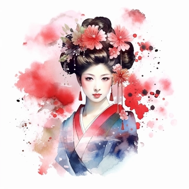 watercolor, white background, clipart, watercolor, white background, ultra-realistic and hyper-detailed clipart, 2d animation style, very beautiful confident Elegant geisha arranging flowers (ikebana)