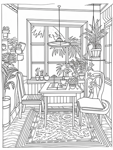 An Adult Coloring Book Featuring Fun and Relaxing Interior Home Designs with Beautifully Furnished Rooms and Welcoming Outdoor Spaces, coloring page line art, black and white clipart for coloring page, simple and clean line art, illustration style,