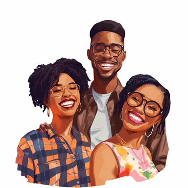 clip art of three seventh-day adventist christian african-american friends smiles, happy. two women, one man, lo-fi style