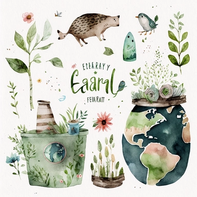 earth day clipart with watercolor illustration,8k,etsy style