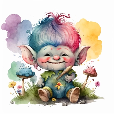 a watercolor clip art character illustration that combines the innocent and angelic expression of Precious Moments with the mischievous and magical attributes of Trolls, engaging in a fun outdoor activity, white background.