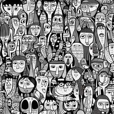 black and white coloring page for adults, lots of argentinians , in the style of ominous vibe, monochromatic white figures, fine lines, creative commons attribution, wallpaper, childs drawing, animated exuberance, no shading, clipart